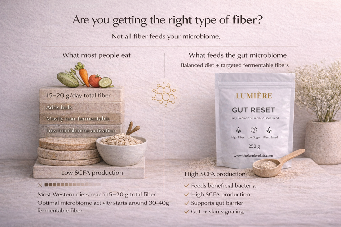 Split-comparison visual showing the a difference between typical fiber intake and microbiome-targeted fiber.