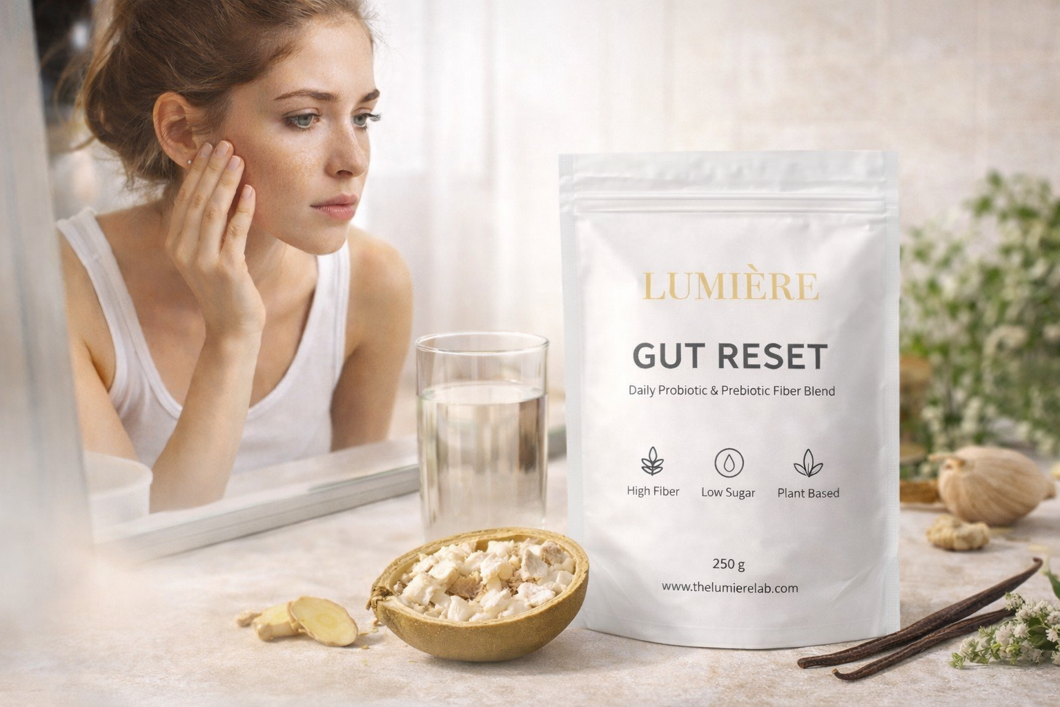 Lumière Gut Reset 250g probiotic fiber blend for gut-skin health